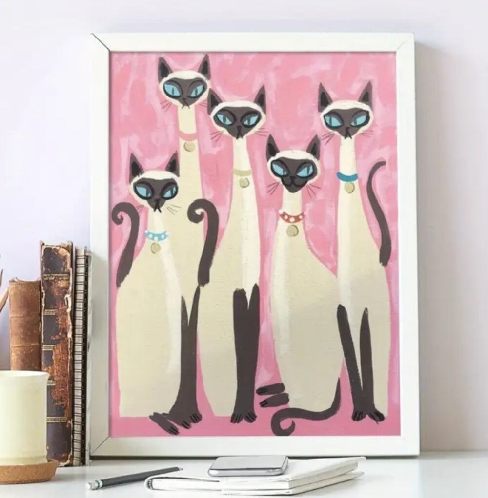 We Are Siamese Canvas Art Print 12"×16" MCM Pink 50s-60s Mid Century Modern Cats